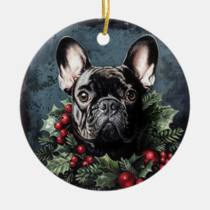 Christmas French Bulldog Holly Keramik Ornament