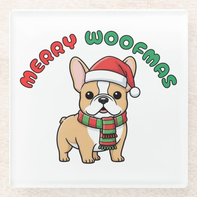 Christmas French Bulldog Untersetzer: Frohe Woofma Glasuntersetzer (Vorderseite)