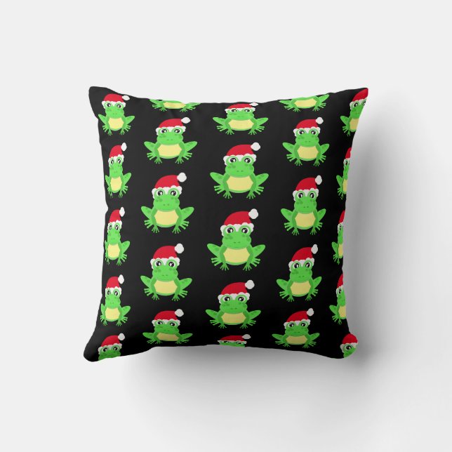 Christmas Frog Weihnachtsmannmütze Pattern Black N Kissen (Rückseite)