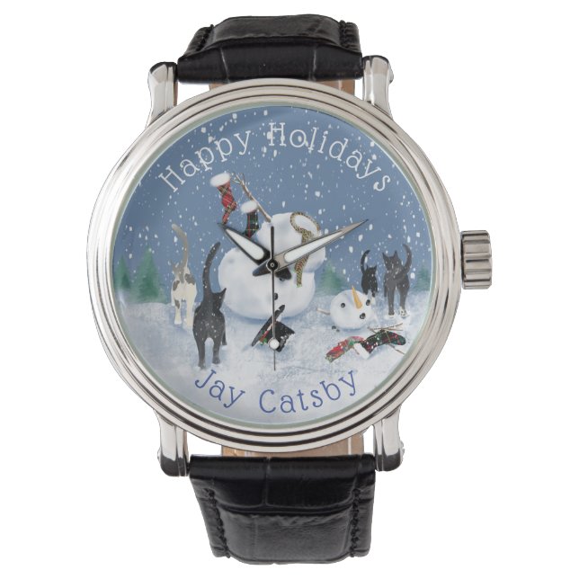 Christmas Funny Cat Schneemann 5 Armbanduhr (Vorderseite)
