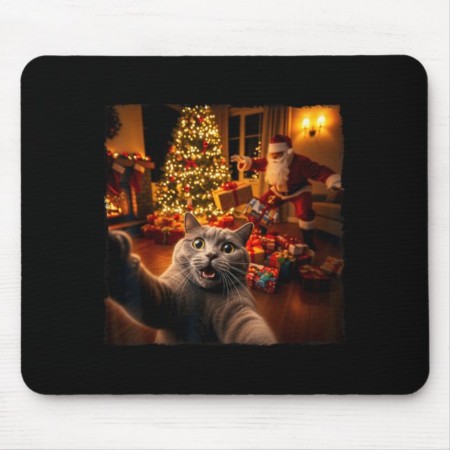 Christmas Funny Cat Selfie With Santa Claus Holida Mousepad (Vorne)