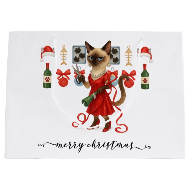 Christmas Funny Glam Siamese Cat Holiday  Große Geschenktüte (Vorderseite)