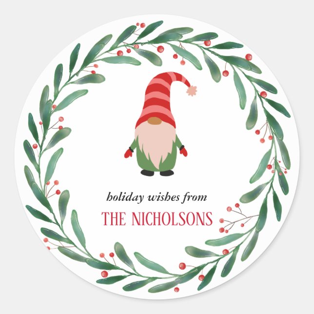 Christmas Funny Gnome Holiday Holly Wreath Runder Aufkleber (Vorderseite)