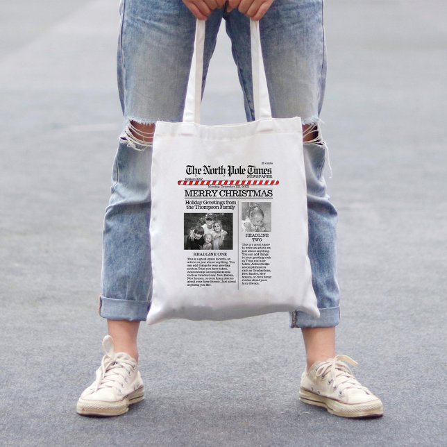 Christmas Funny North Pole Times Zeitung Niedlich Tragetasche (Merry Christmas holiday newspaper print tote bag.)