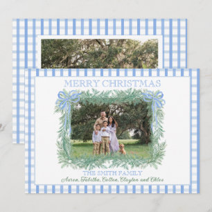 Christmas Garland Blue Bow Ribbon Gingham Feiertagskarte