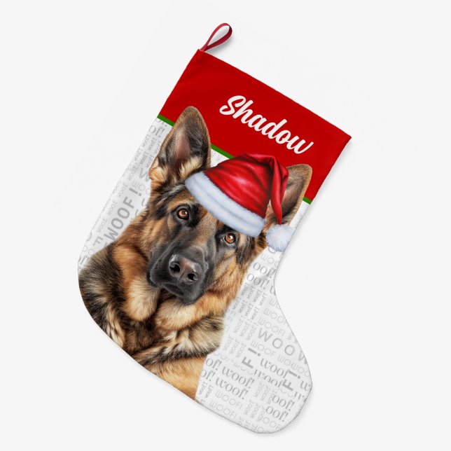 Christmas German Shepherd with Dog's Name Großer Weihnachtsstrumpf (Vorderansicht (hängend))
