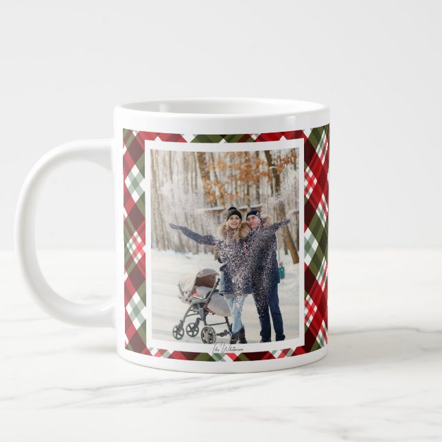 Christmas Gift 2 Photo Trendy Red Plaid Rustic Jumbo-Tasse (Links)