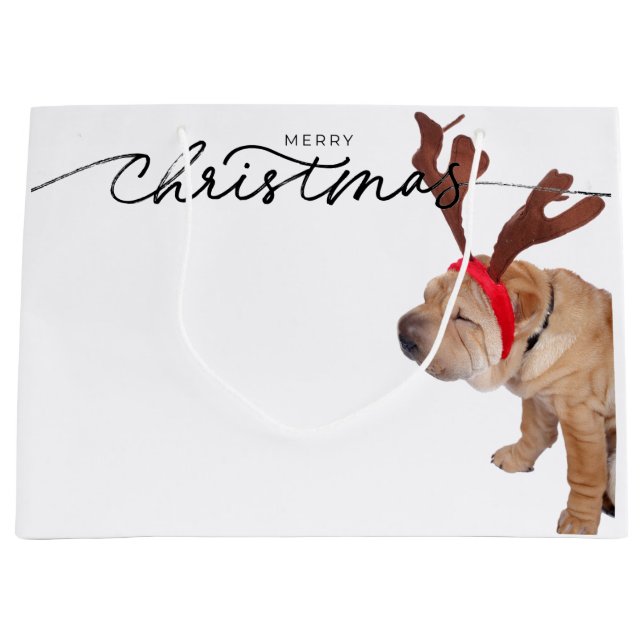 CHRISTMAS GIFT BAG BULLDOG WEARING ANTLERS GROßE GESCHENKTÜTE (Vorderseite)
