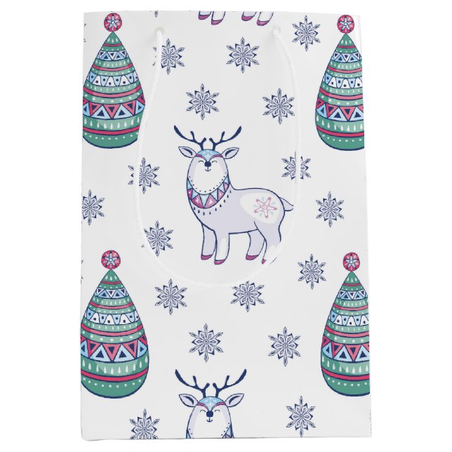 Christmas Gift Bag with Deer and Fir Trees Mittlere Geschenktüte (Vorderseite)