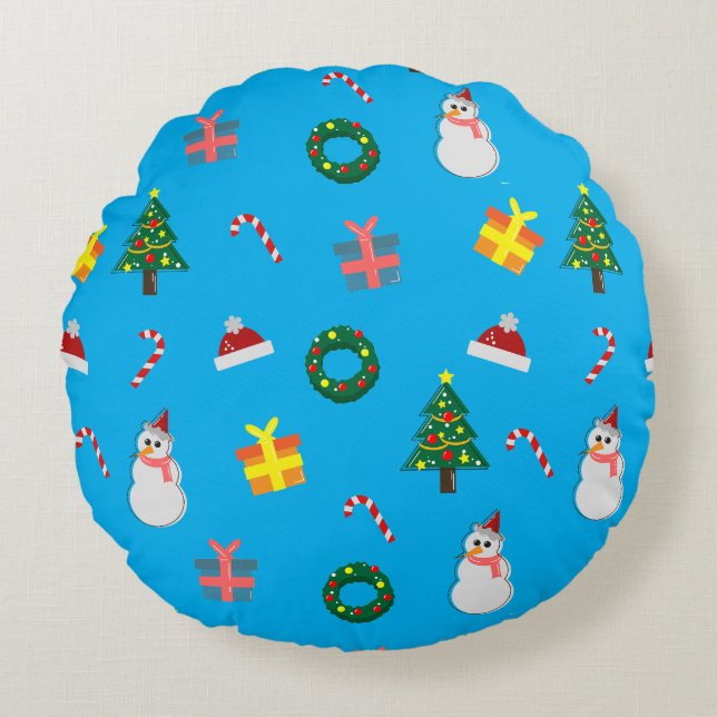 Christmas Gift – Cute Holiday Pattern with Snowman Rundes Kissen (Vorderseite)
