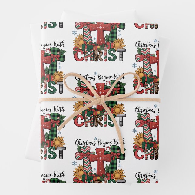 Christmas Gift Merry Xmas Plaid Religious Cross  Geschenkpapier Set (Beispiel)