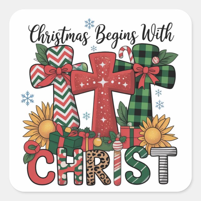 Christmas Gift Merry Xmas Plaid Religious Cross  Quadratischer Aufkleber (Vorderseite)
