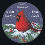CHRISTMAS GIFT STICKERS: PERSONALISIERT: BIRD RUNDER AUFKLEBER<br><div class="desc">Rett dir zu Weihnachten einen Haufen Zeit mit diesen personalisierten Aufklebern für alle deine Geschenke! Ein knallroter Kardinal,  der auf schneebedeckten Kiefernästen mit roten Beeren auftaucht,  macht diese Aufkleber zu einem wahren Kunstwerk!</div>