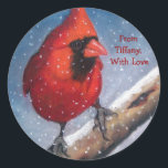 CHRISTMAS GIFT STICKERS: ROTER KARDINAL, SCHNEE, K RUNDER AUFKLEBER<br><div class="desc">In diesem Ölpastellgemälde thront ein lebhafter roter Kardinal auf einem verschneiten Ast. Schnee fällt sanft gegen einen winterlichen Himmel. Die Wörter können in Bezug auf Inhalt,  Farbe,  Platzierung usw. angepasst werden.</div>