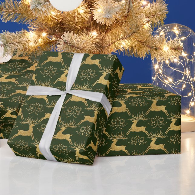 Christmas Gilded Leather Reindeer Green Geschenkpapier (Feiertage)