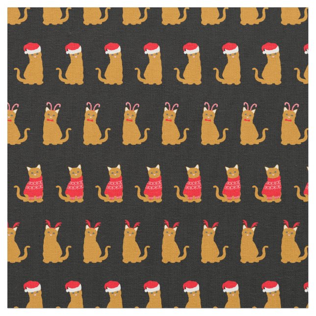Christmas Ginger Cat Weihnachtsmannmützen Muster a Stoff (Nahaufnahme)