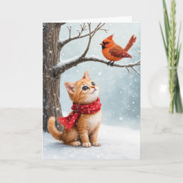 Christmas Ginger Kitty sieht einen Kardinal Karte