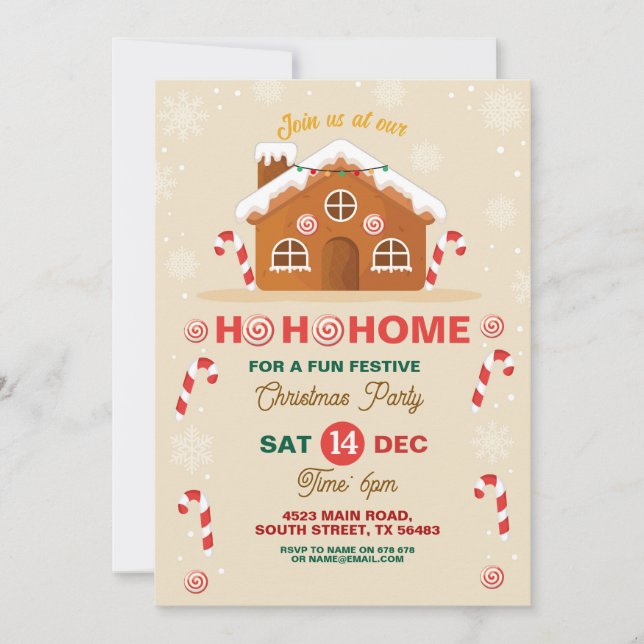 Christmas Gingerbread House Party Ho Ho Ho Ho Einladung (Vorderseite)
