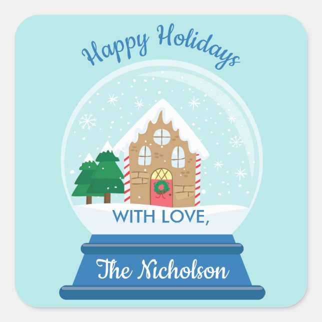 CHRISTMAS GINGERBREAD HOUSE SNOW GLOBE QUADRATISCHER AUFKLEBER (Vorderseite)