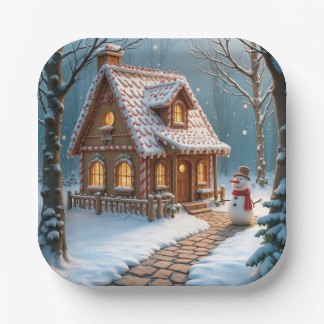 Christmas Gingerbread House With a Snowman  Pappteller (Vorderseite)
