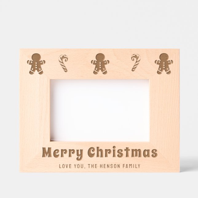 Christmas Gingerbread Man Candy Cane Foto Geätzte Rahmen (Vorderseite)