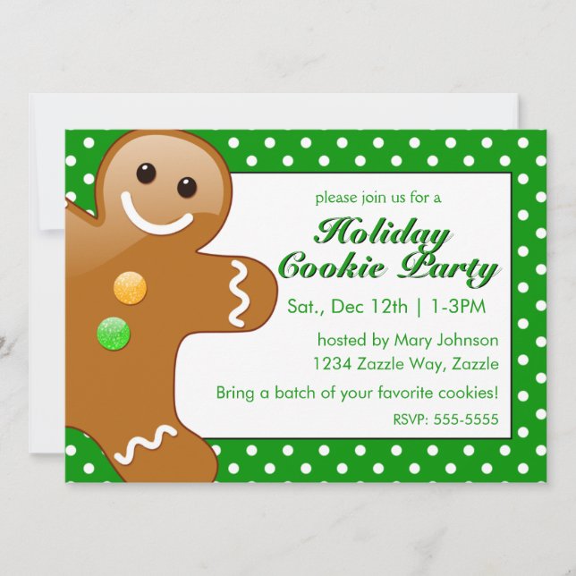 Christmas Gingerbread Man Green/White Polka Dots Einladung (Vorderseite)