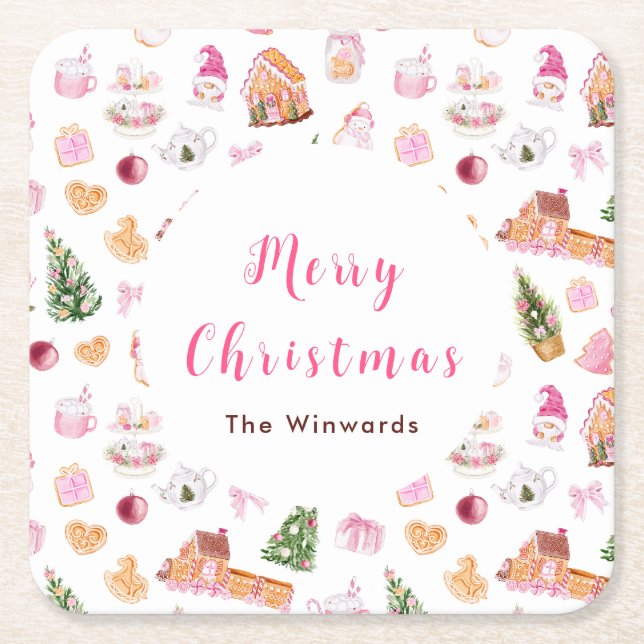 Christmas Gingerbread Pink Merry Christmas Rechteckiger Pappuntersetzer (Vorderseite)