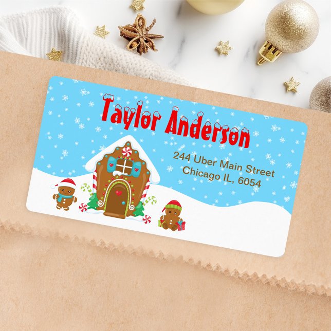 Christmas Gingerbrett House Blue and Red Adressaufkleber (Von Creator hochgeladen)