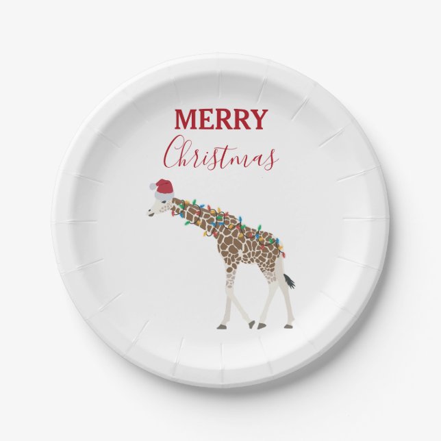 Christmas Giraffe Funny Animal with Santa Hat Card Pappteller (Vorderseite)