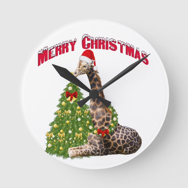 Christmas Giraffe Runde Wanduhr (Vorderseite)
