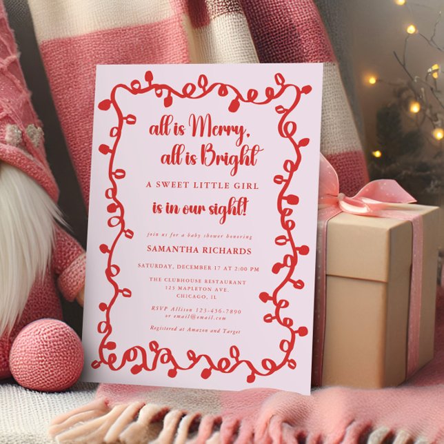 Christmas Girl blush pink red lights baby shower Einladung (Von Creator hochgeladen)