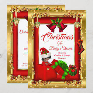Christmas Girl Boy Baby Dusche Red Gold Geschenkbo Einladung