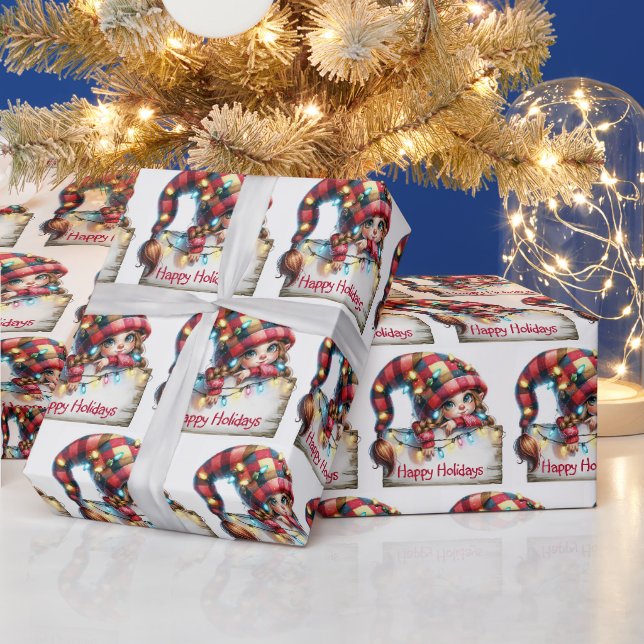 Christmas Girly Gnome mit Kariertem Hut Geschenkpapier (Feiertage)