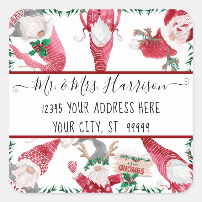Christmas Gnome Deer Antler Red Watercolor Adresse Quadratischer Aufkleber (Vorderseite)