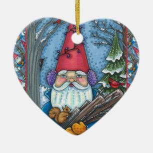 CHRISTMAS GNOME, SQUIRREL, WOODPECKER & KARDINAL KERAMIK ORNAMENT