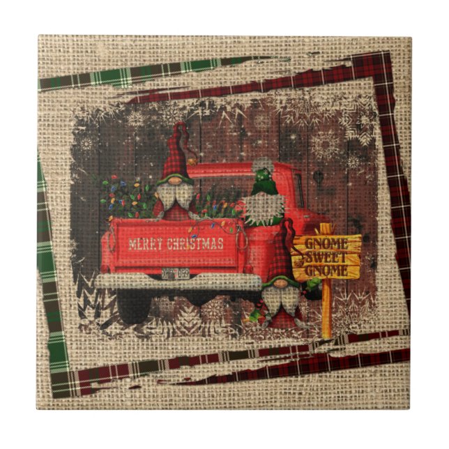 Christmas Gnome Sweet Gnome Red Truck Kariert Fliese (Vorderseite)