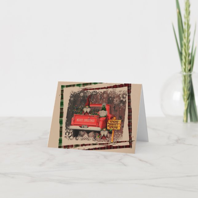 Christmas Gnome Sweet Gnome Red Truck Kariert Rust Karte (Vorderseite)