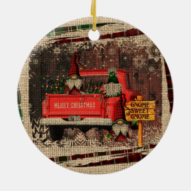 Christmas Gnome Sweet Gnome Red Truck Kariert Rust Keramik Ornament (Hinten)