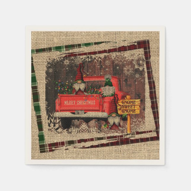 Christmas Gnome Sweet Gnome Red Truck Kariert Rust Serviette (Vorderseite)