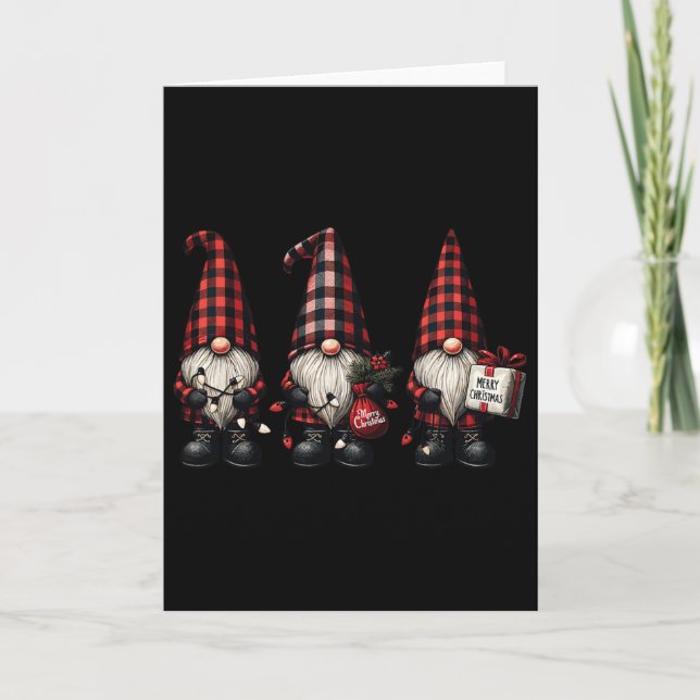 Christmas Gnome Trio Buffalo Karo Kariert Hats Wei Karte (Vorderseite)