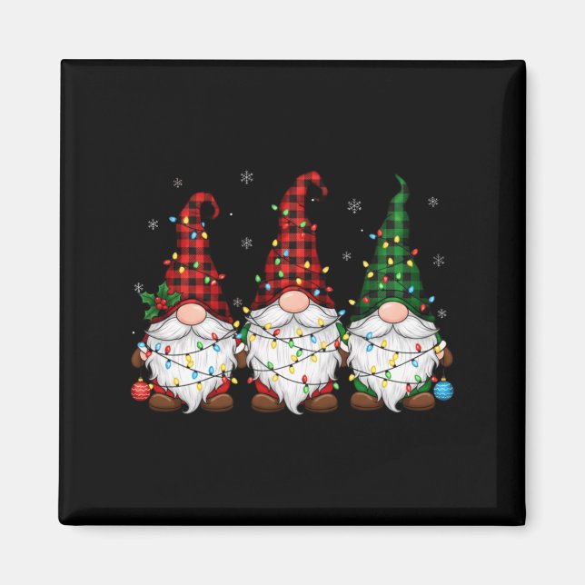 Christmas Gnome Trio Buffalo Plaid Lights Cute Xma Magnet (Vorne)