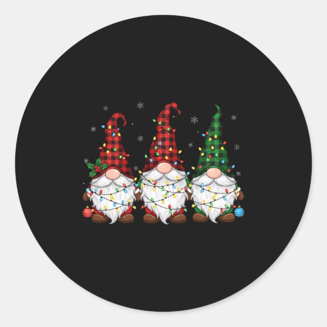 Christmas Gnome Trio Buffalo Plaid Lights Cute Xma Runder Aufkleber (Vorderseite)