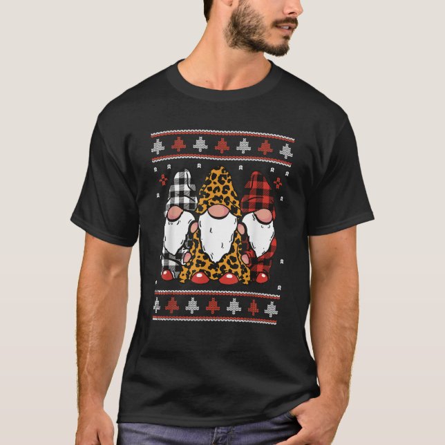 Christmas Gnomes In Pajamas Funny Leopard Plaid  T-Shirt (Vorderseite)