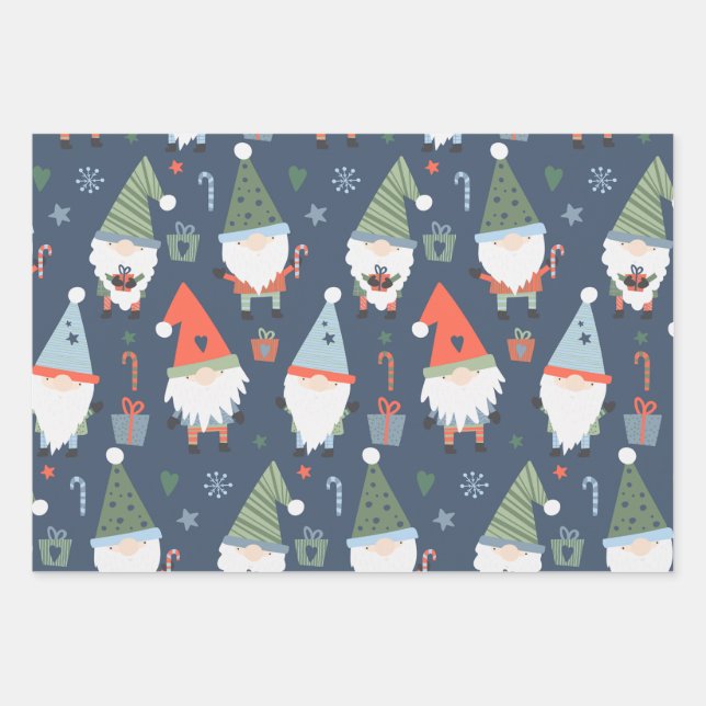 Christmas Gnomes Santa Claus Blue Green Whimsical Geschenkpapier Set (Vorderseite)