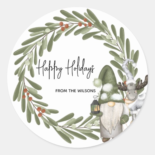 Christmas Gnomes Woodland Personalisiert Runder Aufkleber (Vorderseite)