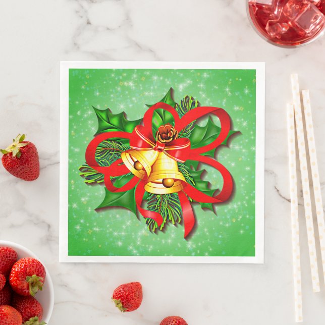 Christmas Gold Bells Green Holly Red Ribbon Serviette (Beispiel)