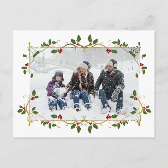 Christmas Gold Foil Holly Border Single Foto Postkarte (Vorderseite)