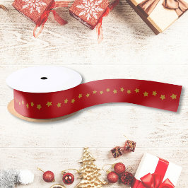 Christmas Gold Stars Pattern Red Satinband