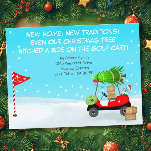 Christmas Golf Cart With Moving Boxes Golf Ankündigungspostkarte (Von Creator hochgeladen)