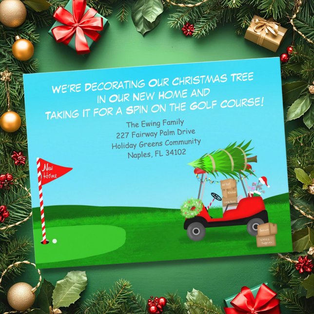 Christmas Golf Cart With Moving Boxes Golf Course Ankündigungspostkarte (Von Creator hochgeladen)